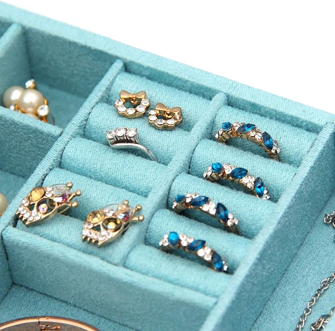 Two-Layer lint Jewelry Box Organizer Display Storage case with Lock (Blue)