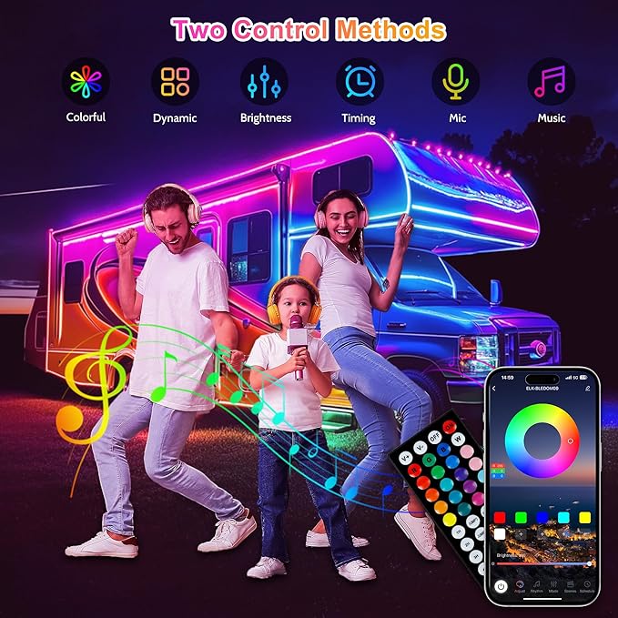 RV Awning Lights, 20ft 12V LED Light Strip with Remote and App Control, Waterproof RGB RV Exterior Light for Motorhome Camper Travel Trailers Food Trucks, RV Outdoor Lights