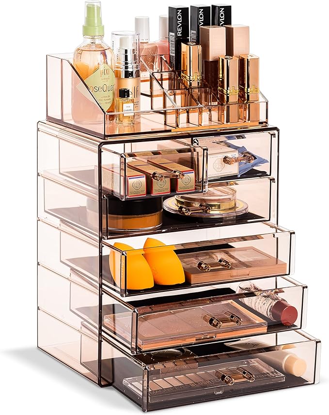 Sorbus Acrylic Makeup Organizer Set, 6-Drawer Vanity & Countertop Cosmetic Storage with Small & Wide Compartments, Bronze Glo