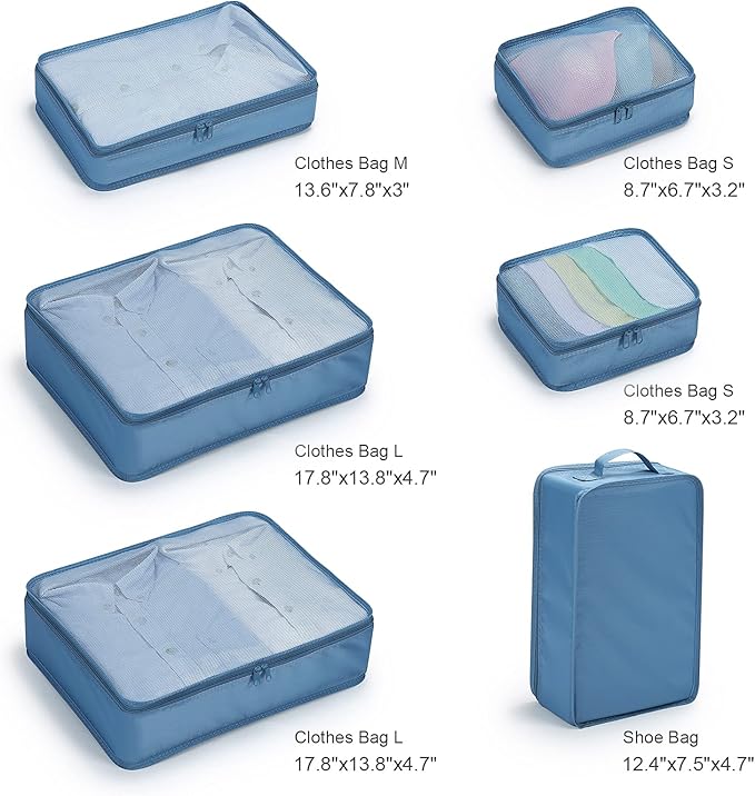 Mossio 6 Set Packing Cubes with Shoe Bag - Lightweight Travel Luggage Suitcase Organizers