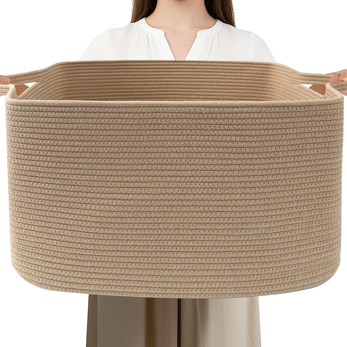 96L Large Blanket Basket,24"x16"x15"Rectangle Storage Bin with Handles,Woven Rope Laundry Basket for Toys, Clothes,Magazines,