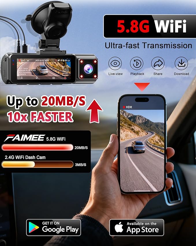 4K+2K+2K 3 Channel Dash Cam Front and Rear, 128GB Card Included, Dash Camera for Cars 5.8G/2.4G Dual Wifi, Built-in GPS, Nigh