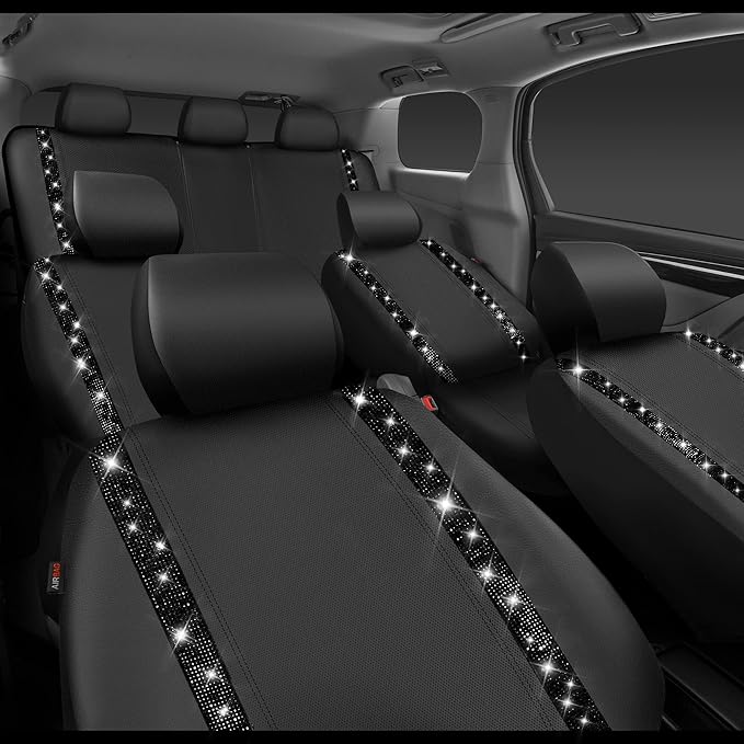 CAR PASS Bling Diamond Car Seat Covers, Shining Rhinestones Waterproof Faux Leather, 7 Seats 3 Rows with Zipper Glitter Crystal Sparkle Strips Universal Fit 95% MPV,SUV,CAR for Women Girl, Black