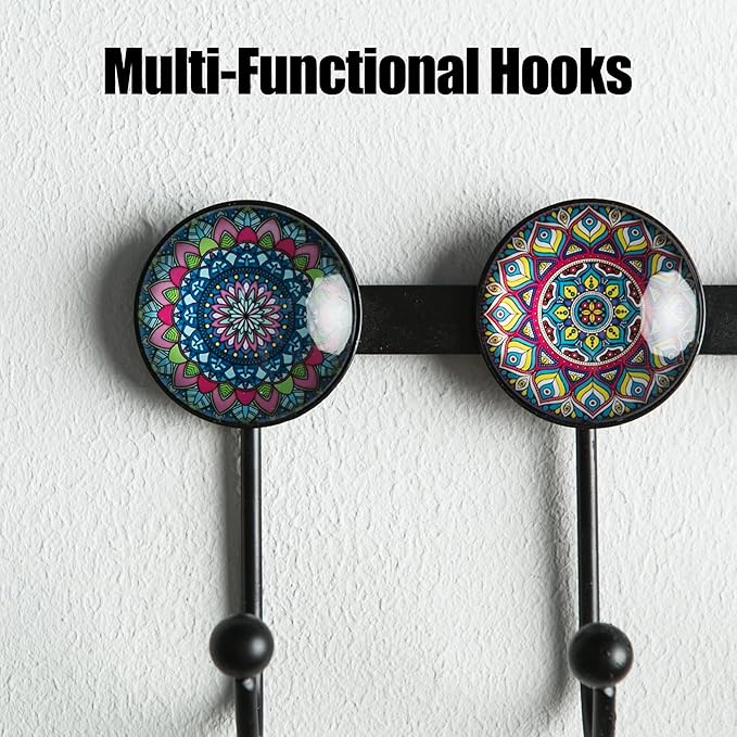 Boho Coat Rack Wall Mounted with 5 Hooks, Multi-Color Mandala Pattern Decorative Wall Hooks for Hanging Hat, Key, Towel, Purs