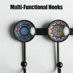 Boho Coat Rack Wall Mounted with 5 Hooks, Multi-Color Mandala Pattern Decorative Wall Hooks for Hanging Hat, Key, Towel, Purs