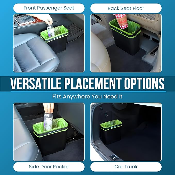 Car Trash Can for Car Garbage: Car Waste Bin w/Floor Mat Clip, Bag Securement Band and Liner for Drivers and Passengers; 3 Gallon Garbage Container for Vehicle, Sedan, SUV, Van, MPV & Truck (Black)