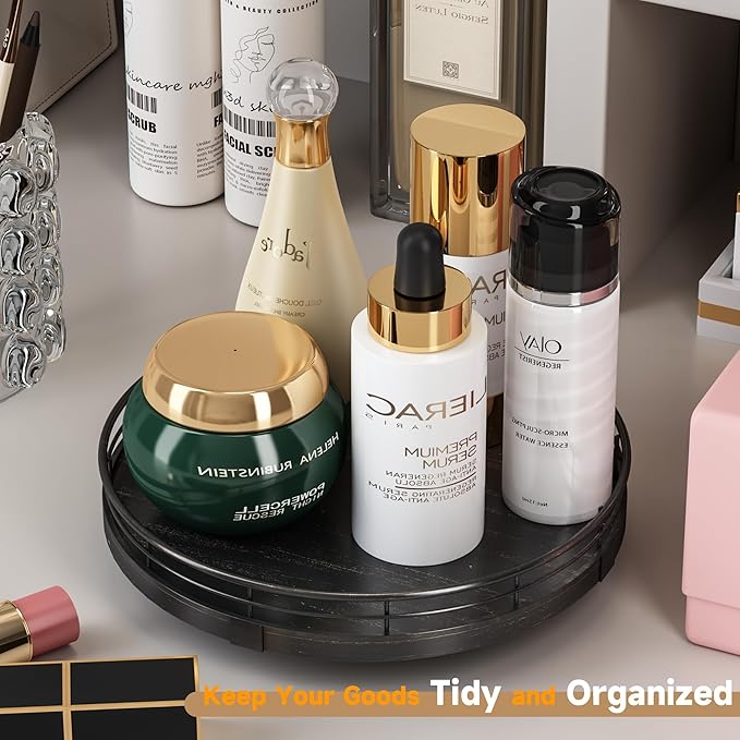 9" Oak Bathroom Vanity Tray Turntable for Perfume Candle, Round Wooden Decorative Tray for Kitchen Sink Countertop Organizer,