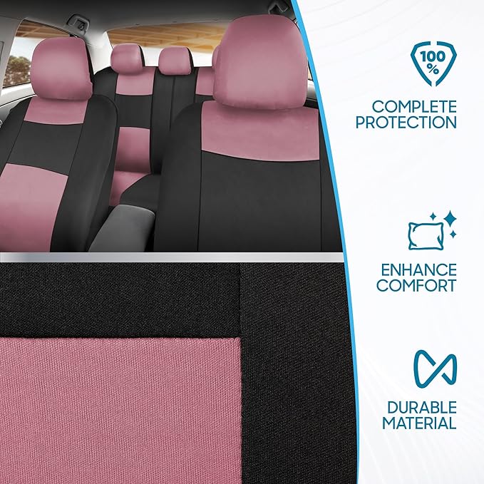 BDK PolyPro Car Seat Covers Full Set in Pink on Black, Front and Rear Split Bench Seat Covers for Cars, Easy to Install Car S