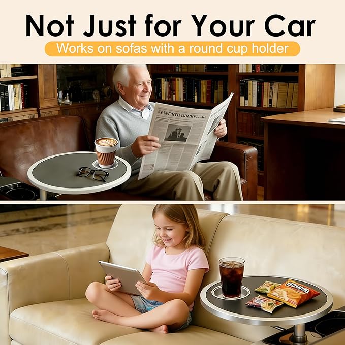 Car Food Tray & Car Table Tray with Car-Grade Aluminum Cup Holder & Phone Stand, Premium Wood with Leather Surface, 360° Rotating Car Desk for Laptop &Eating (Round, Black)