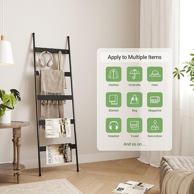 ELYKEN Blanket Ladder for Living Room, Farmhouse 5-Tier Quilt Holder with 4 Removable Hooks for Bathroom, Wood Towel Rack Dis