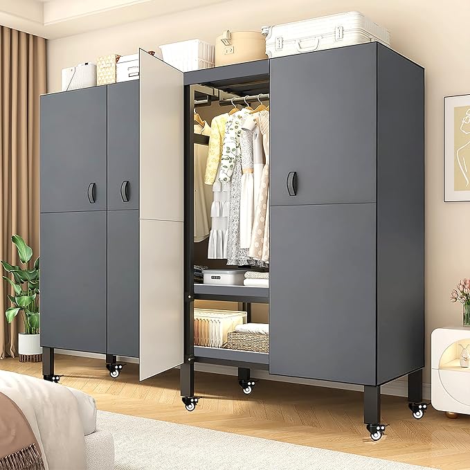 YTLEMON Heavy Duty Clothes Rack with Magnetic Door, Metal Foldable Covered Clothes Rack, Portable Wardroobe Closet System for
