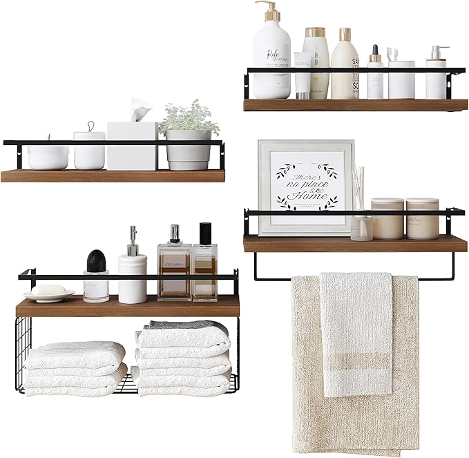 Wood Floating Shelves Wall Mounted - 4+1 Tier Rustic Bathroom Wall Shelves Over Toilet with Wire Storage Basket and Towel Bar