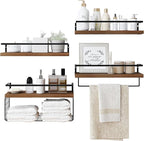 Wood Floating Shelves Wall Mounted - 4+1 Tier Rustic Bathroom Wall Shelves Over Toilet with Wire Storage Basket and Towel Bar
