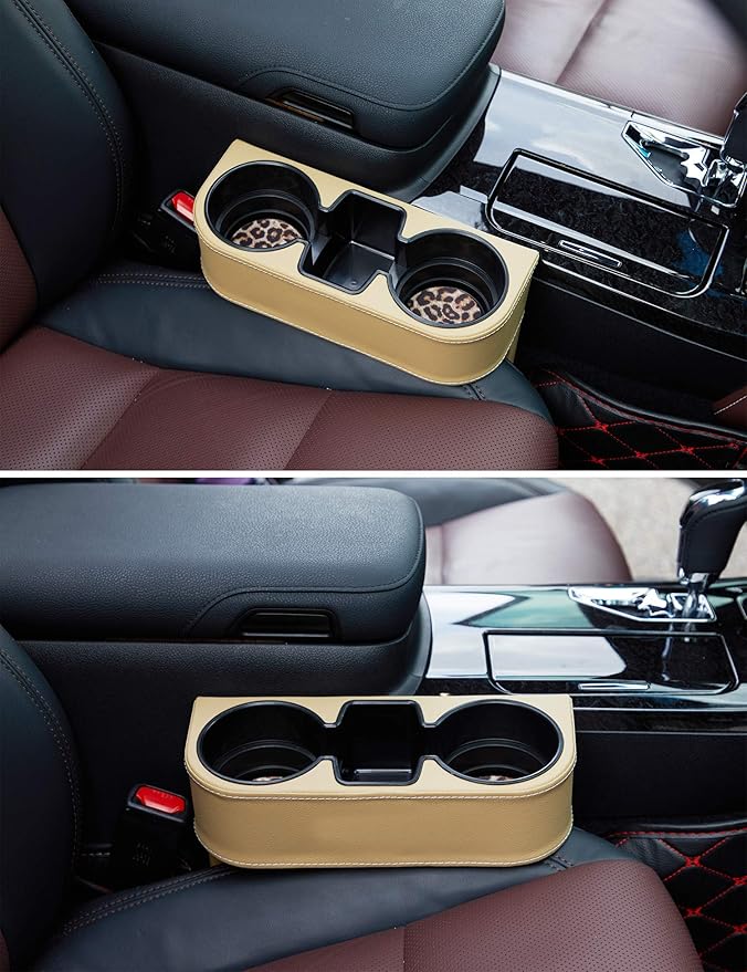 Car Seat Organizer Cup Drink Holders,Multifunctional Gap Filler Storage Box,Insert Organization Helps Reduce Distracted Driving&Holds Phone Mount Mug Bottle Cellphone Coaster Wallet Card (XBD-Beige)