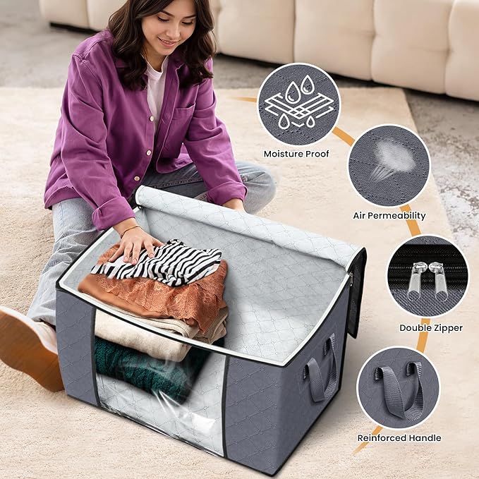 Fab totes 24 Gallons Clothes Storage, Foldable Thick Fabric Blanket Storage Bags, Containers for Organizing Bedroom, Closet, 