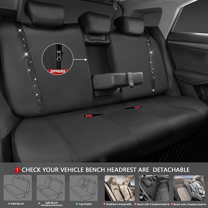 CAR PASS Leather Bling Diamond Car Seat Covers Full Set, Shining Rhinestone Waterproof Durable Rear with Zipper, Universal Fit Automotive Glitter Crystal Sparkle Strip for Cute Women Girly Black