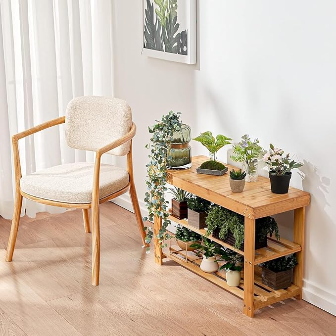 Pipishell 3 Tier Bamboo Shoe Rack Bench - Sturdy Shoe Organizer Holds up to 300lbs for Entryway, Bedroom, Living Room, Balcon
