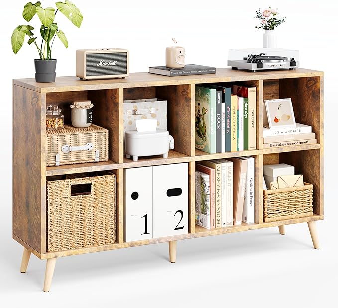Flrrtenv 8-Cube Bookshelf 2 Tier Retro Bookcase with Legs, 11in Shelf Opening, 47" Wood Bookshelves Storage Organizer Shelf, 