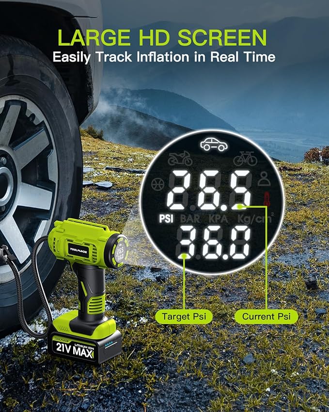 Upgraded Tire Inflator Portable Air Compressor, 5X Faster Inflation, 21V Rechargeable Battery Powered Car Tire Pump w/12V DC Adapter, Large LED HD Display, Air Pump for Car Tires