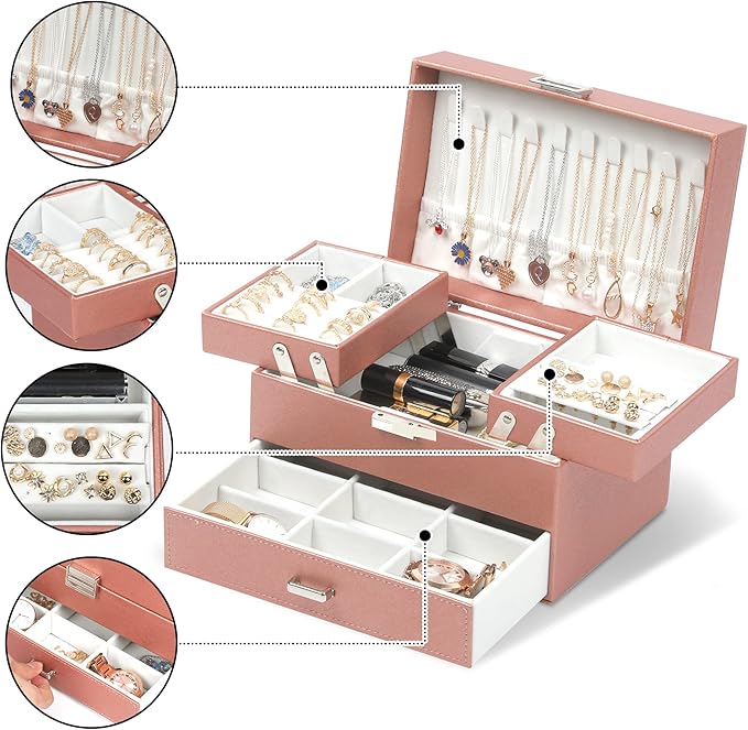 Dajasan Jewelry Organizer Box, Large Jewelry Boxes for Women Girls, Space-Saving 3 Layers Jewelry Storage Case with Drawer, M