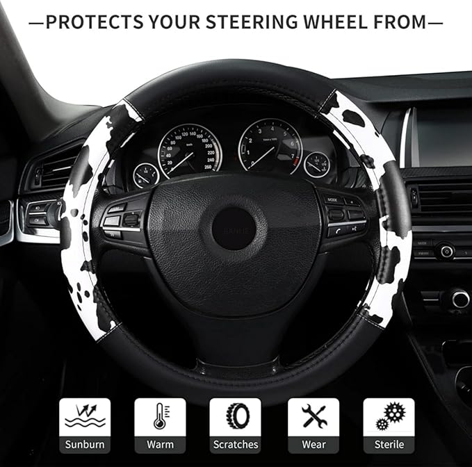 Cow Print Steering Wheel Cover, Universal 15 Inch Cute Steering Wheel Cover for Women, Breathable Anti-Slip Car Steering Whee