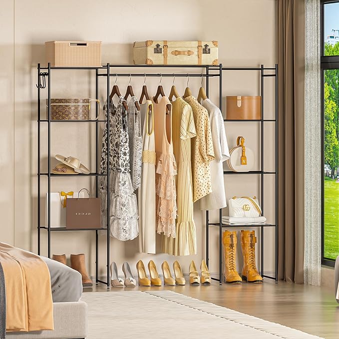 Neprock Portable Closet Wardrobe, Metal Clothing Rack with 8 Shelves & 1 Hang Rod, Free Standing Closet Rack for Hanging Clot
