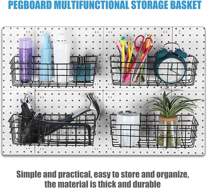 Sieral 4 Pcs Large Pegboard Baskets Set 12 x 6.5 x 4 Inch Black Metal Wire Baskets Peg Board Organizer Accessories Wall Mount