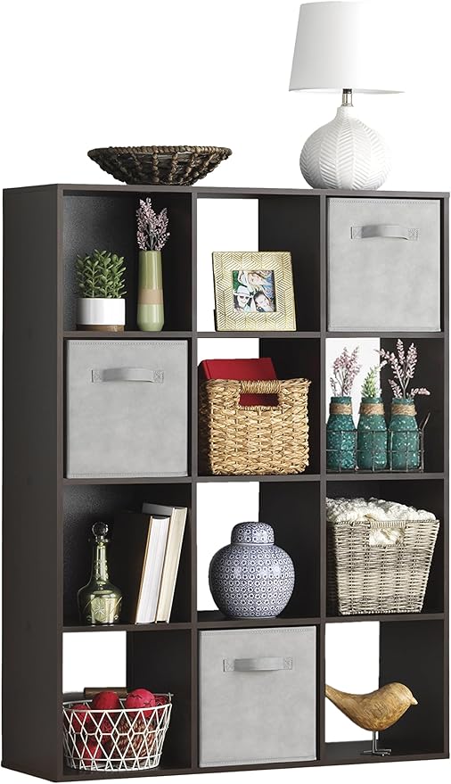 Whitmor 12 Cube Storage Organizer, 4 Tier Stackable Mdf Wood Bookcase, Open Storage Display Bookshelf, Storage Cabinet for Li