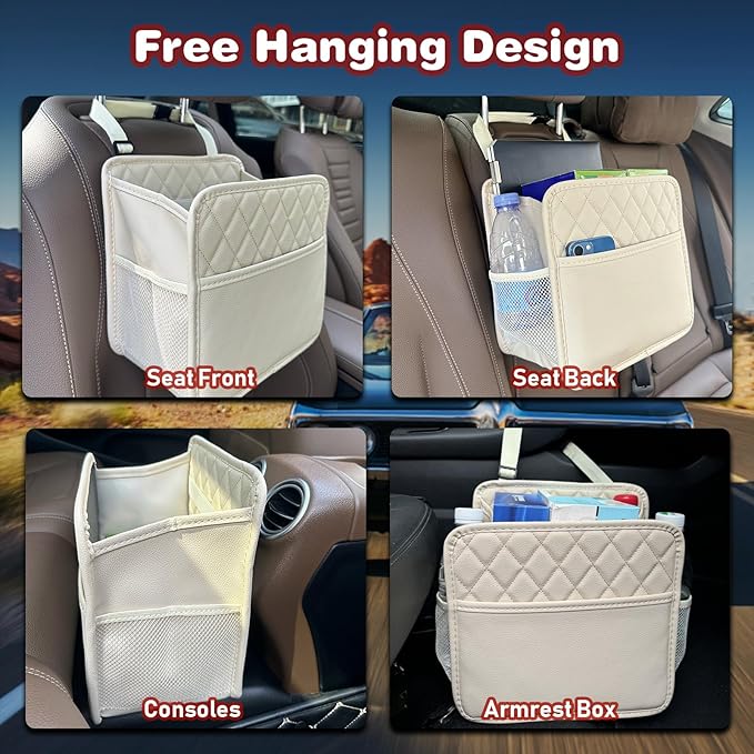 Upgrade Car Seat Organizer Backseat with Storage Pockets, Multipurpose Car Organizer Hanging, Car Trash Bag Can,Premium PU