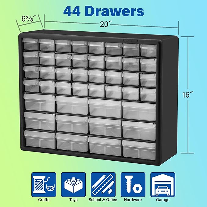 Akro-Mils 06705 TiltView Horizontal Plastic Organizer Storage System Cabinet with 5 Tilt Out Bins & 10144, 44 Drawer Plastic 