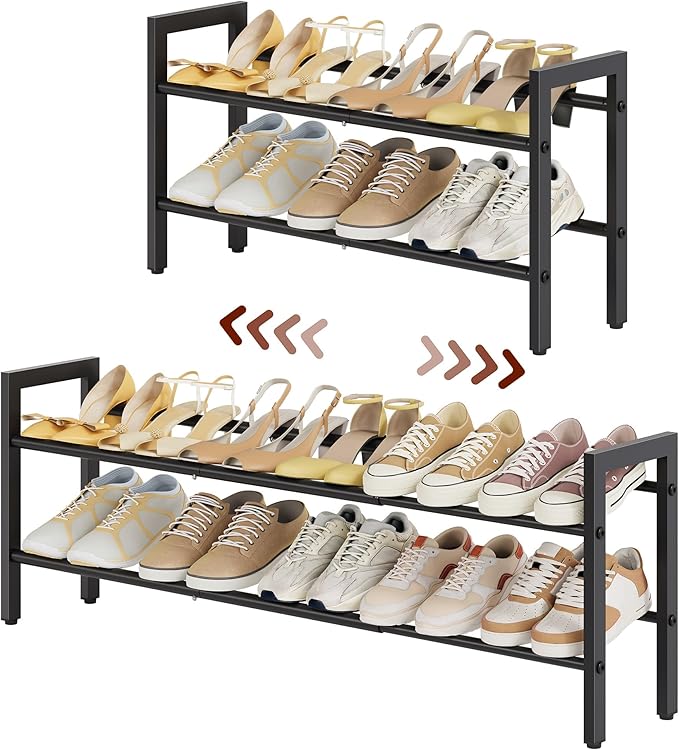 FAVOOSTY 2-Tier Expandable Shoe Rack, Adjustable Shoe Shelf Storage Organizer Space Saving Metal Free Standing Shoe Rack for 