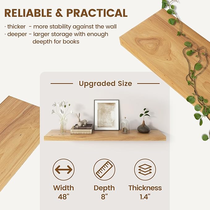 Elm Floating Shelves for Wall Decor, Rustic Solid Wood Shevles Wall Mounted with Invisible Bracket for Living Room Bathroom B