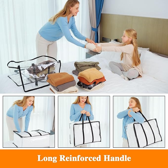 Vieshful 3 Pack Clear Clothes Storage Bag, 40L Plastic Blanket Storage Bag with Zipper, Foldable Closet Organizer, Moving bag