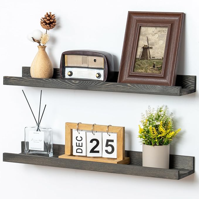 24 Inches Floating Shelves for Wall, Solid Pine Wood Picture Ledge Shelves, Wall Shelves with Lips, Nursery Book Shelves for 
