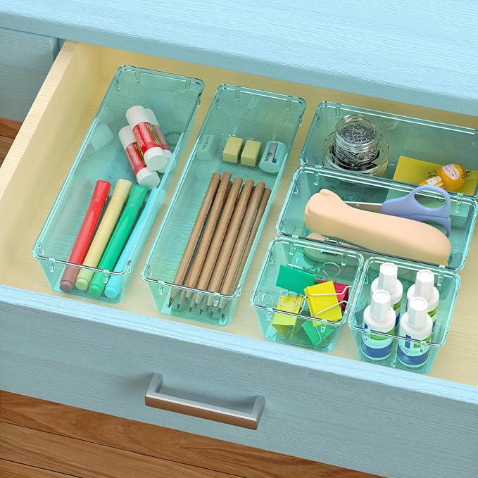 WOWBOX 12 Pack Clear Drawer Organizer Set, Acrylic Drawer Storage Trays, Storage Bins for Makeup, Cosmetics, Jewelries, Utens