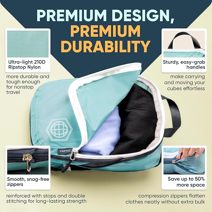 TRIPPED XL Compression Packing Cubes — 7-Piece Set for Checked Luggage | Extra-Large (15.7"×11"×4") + Large + Small + Tube + 