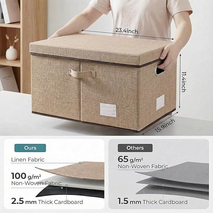 PRANDOM Storage Bins with Lids [3-Pack] Jute Fabric Foldable Storage Boxes Organizer Containers Baskets Cube with Cover for H