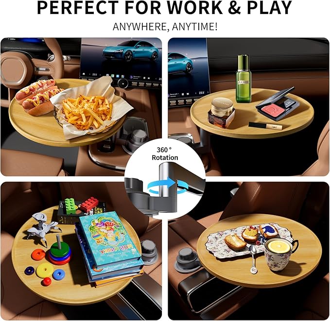 Car Tray & Car Desk for Laptop, 360 Rotating Wood Cup Holder Table, Steering Wheel Tray, Car Accessories for Women &