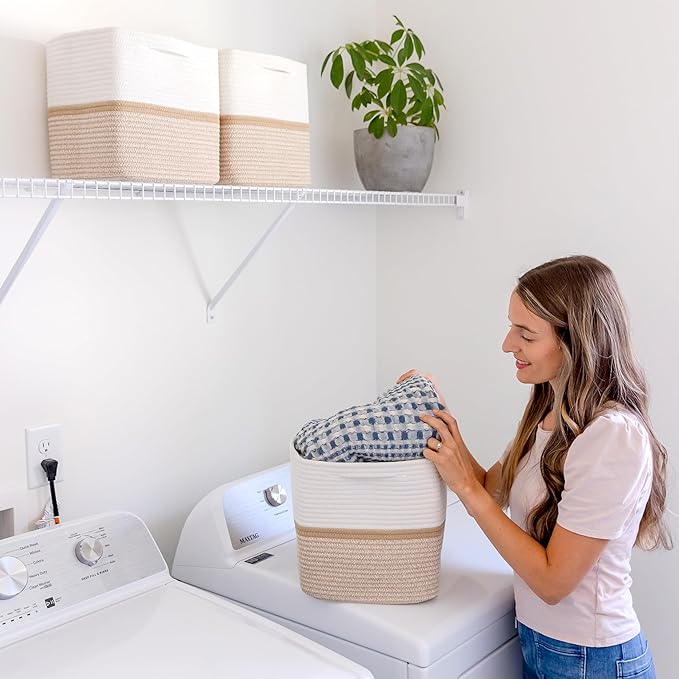 NaturalCozy Storage Cubes 11 Inch Cotton Rope Woven Baskets for Organizing, 3-Pack | Cube Storage Bin | Square Storage Basket