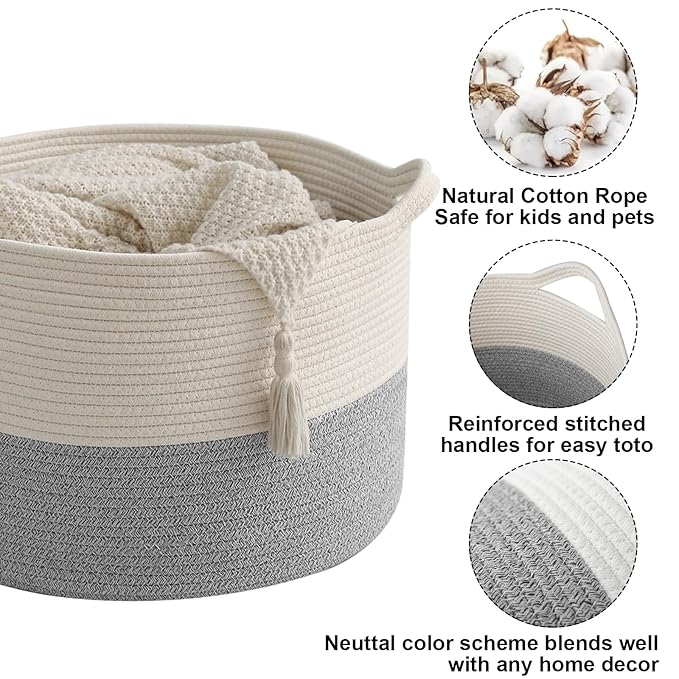 65L Large Woven Cotton Rope Blanket Basket with Handles, Laundry Hamper Storage Bin for Pillows, Comforters,Clothes, Bedroom 
