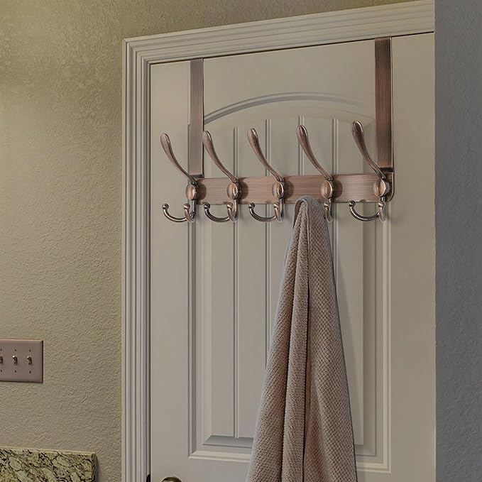 Dseap Over The Door Hook Hanger - Fits 1 3/8" to 1 3/4" Standard Doors | 5 Tri Hooks Heavy Duty Towel/Coat Rack | Door Organi
