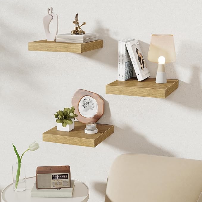 Fun Memories 12 Inch Square Floating Shelves 3 Pack - Wall Shelves with Invisible Brackets, Small Floating Shelves for Wall, 
