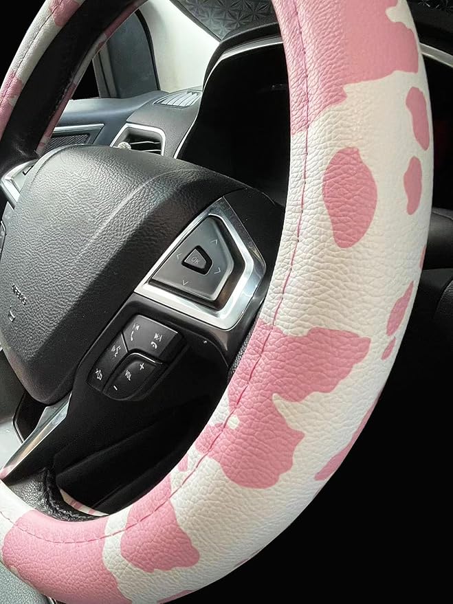 Dotesy Leather Cow Pattern Steering Wheel Cover Protector Cow Print Car Accessories Anti Slip Universal for 36.5-38cm (Pink W