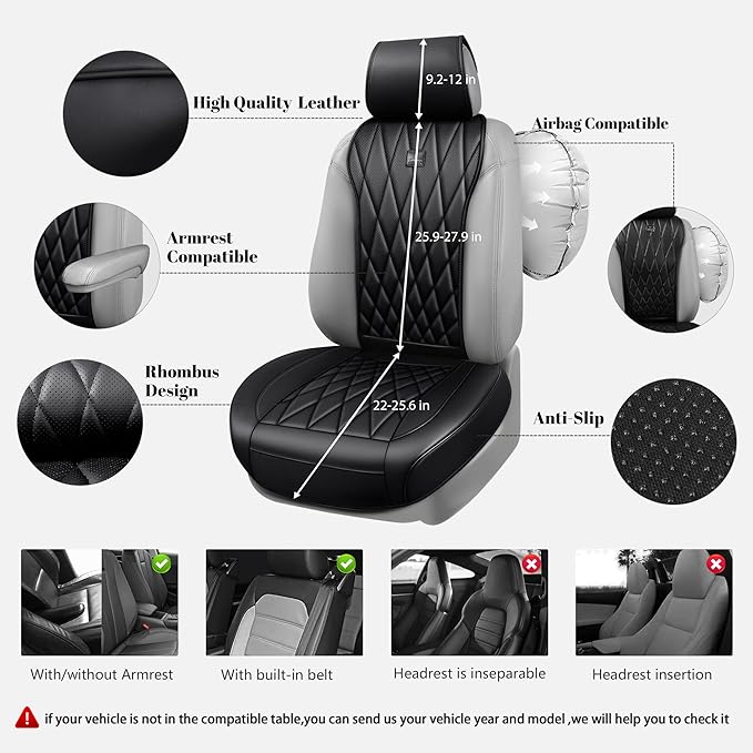 CAR PASS Luxury Napa Leather Front Car Seat Covers, Sideless Car Seat Protectors with Storage Pocket, Non-Slip Automotive Sea