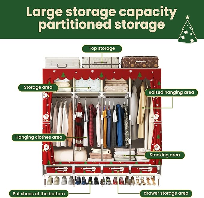 Portable Wardrobe with 4 Drawers Simple Temporary Wardrobe, Armario Portátil,New Oxford Cloth, Christmas Style (Christmas Col