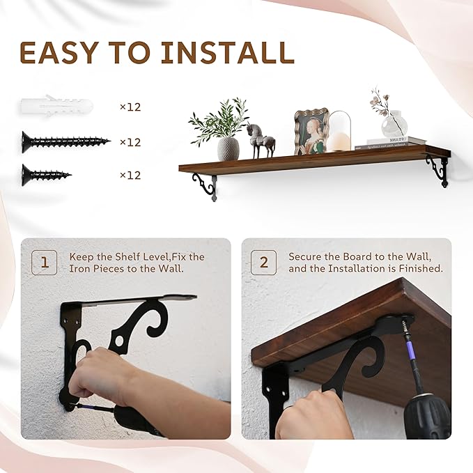 Solid Wood Floating Shelves for Wall with Metal Brackets,2 Tier 48 inch Pinewood Wall Shelf,Suitable for Multiple Places Such
