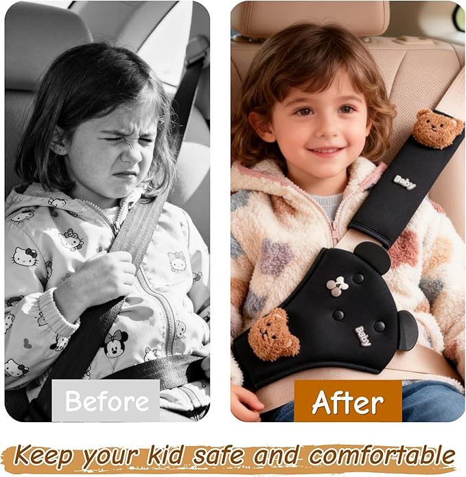 Seat Belt Cover Pad for Kids, Cute Animal Child Seatbelt Covers for Girls and Boys (Bear(Black))