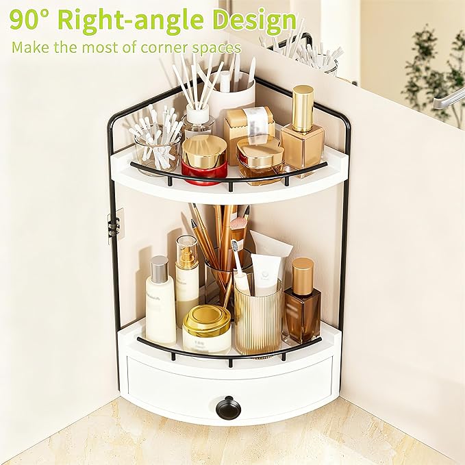 2-Tier Corner Bathroom Counter Organizer with Drawer & Embedded Screw Holes - Wooden Countertop Organizers for Skincare, Make
