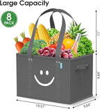 WISELIFE Reusable Grocery Bags 8 Pack - Collapsible Tote Shopping Bags with Sturdy Handles & Bottom to Stands Upright, Grey