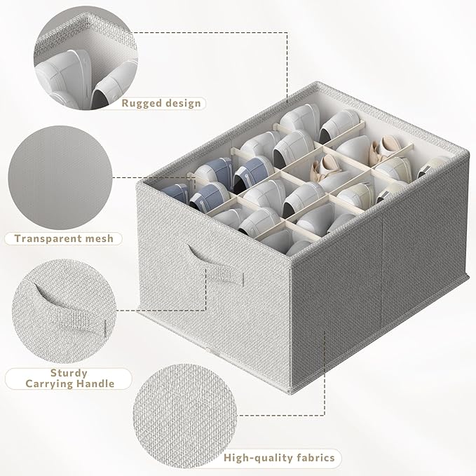 FHSQX 2 Pack Shoe Organizer for Closet,Foldable Shoe Organizer,Fits up to 24 Pairs,Storage Containers With Bottom Support for